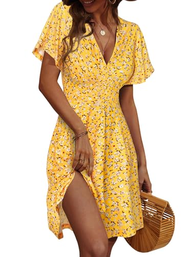 FENSACE Easter Dresses Casual Summer Dresses for Women Short Sleeve Wrap Empire Waist Sundress Dress(Yellow,Large)