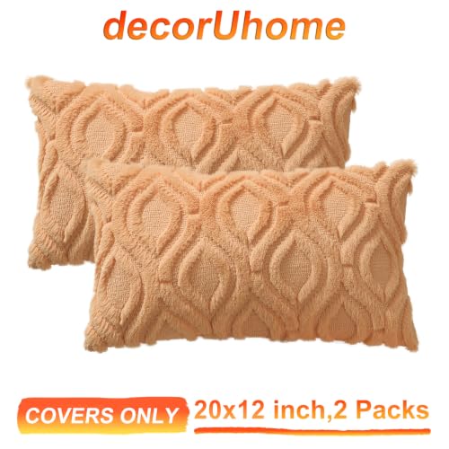 Image of decorUhome Fall Throw Pillow Covers 12x20 Inch Set of 2, Soft Plush Faux Wool Light Orange Solid Couch Pillow Covers, Accent Farmhouse Neutral Rectangle Pillow Cases for Sofa Bed Living Room