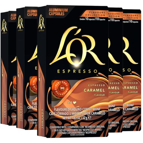 L'OR Espresso Capsules, 50 Count Caramel, Single-Serve Aluminum Coffee Capsules Compatible with the L'OR BARISTA System & *Nespresso Original Machines, 50 Count (Pack of 5)