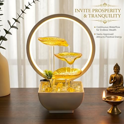 Image of Water Fountain for Home Decor - 29cm Golden Amber Glass Indoor Waterfall with LED Light - Tabletop Showpiece for Living Room, Office Desk & Bedroom - Wealth Prosperity Gift (Frost Yellow)