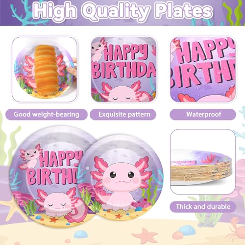 Image of 100 Pcs Axolotl Birthday Party Supplies Pink Axolotl Disposable Paper Plates Forks Tableware Sets Cute Cartoon Reptile Animals Happy Birthday Decorations for Kids Girls Baby Shower Serve 25 Guests