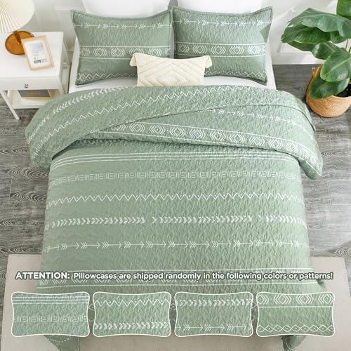 Image of Andency Sage Green Quilts Queen Size, 3 Pieces Queen Quilt Bedding Set Boho Lightweight Soft Striped Bedspread for All Season (90 inchx96 inch), Printed Bohemian Polyester Reversible Coverlet Comoforter Sets