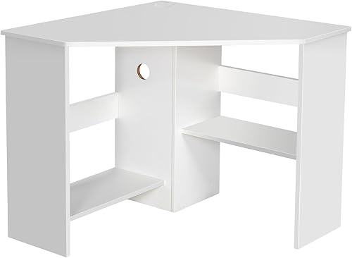 Miniatura 9 de Tangkula Escritorio esquinero blanco – Triángulo de 90 grados para computadora, espacio pequeño, dormitorio, escritorio de maquillaje con estantes