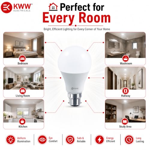 Image of KWW 9W LED Bulb B22 White | LED Bulb 9 Watt for Home | 9watt Led Kitchen Bulb | 900 Lumens | BIS Approved | Flicker Free | Eye Comfort | 240 Wide Angle | 1 Year Warranty