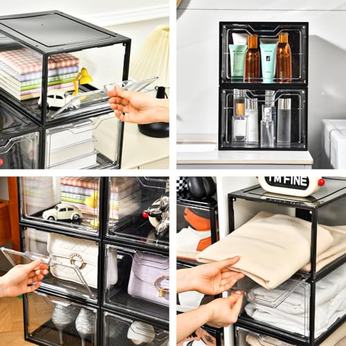 Image of Stebopum 12 Pack Stackable Shoe Storage Organizer with Magnetic Door, Shoe Boxes Clear Black Plastic for Closet, Shoe Rack for Sneaker Boot Container, Shoe Cabinet Fit up to US Size 12