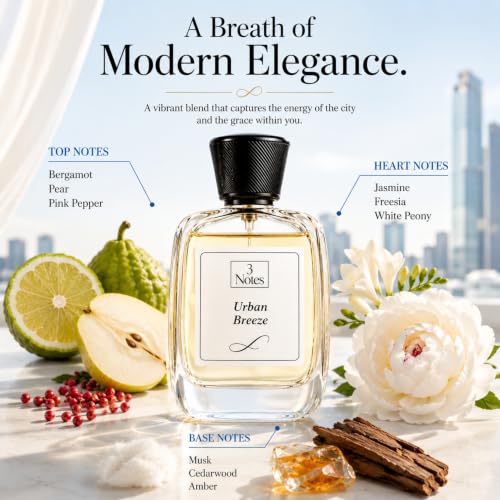 Image of 3Notes Urban Breeze Eau de Parfum for Women 100ML | Long Lasting Feminine Perfume with Citrus, Floral & Woody Notes | Elegant French Fragrance | Luxury Perfume Gift for Her