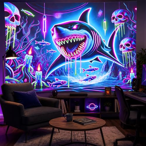 Image of BlissYard Blacklight Tapestry 78x59 Inch Neon Shark Glow in the Dark Wall Hanging Trippy Underwater Skull Scene UV Reactive Black Light Tapestry for Bedroom Party Dorm Decoration