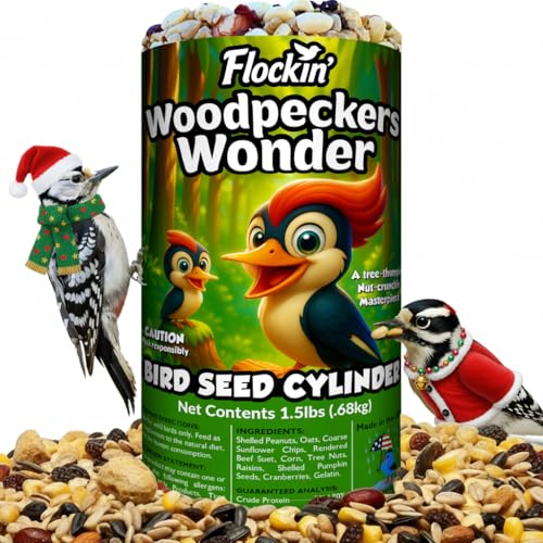Woodpecker Bird Seed Cylinders with Hole – Premium Woodpecker Food Blend with Sunflower Chips, Peanuts & Suet – Natural High Energy Bird Seed, No Filler, No Shell, No Mess – USA Made (4" x 7.75")