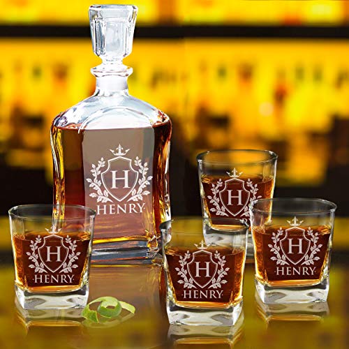 Personalized Custom Engraved Whiskey Decanter Set - Decanter And 4 Glasses Gifts Set - Custom Engraved Monogrammed With Shield Design #TOP2