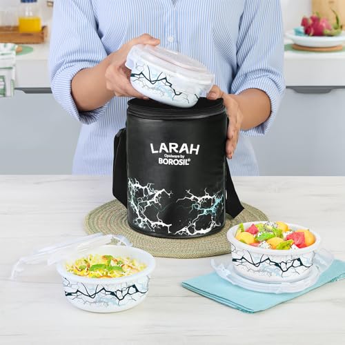 Image of Larah by BOROSIL Zeus Lunch Box with Bag | 3pc Round Container Set (400ml Each) | Opalware Tiffin Box for Office for Men, Lunch Box for Women | Microwave & Dishawasher Safe | White