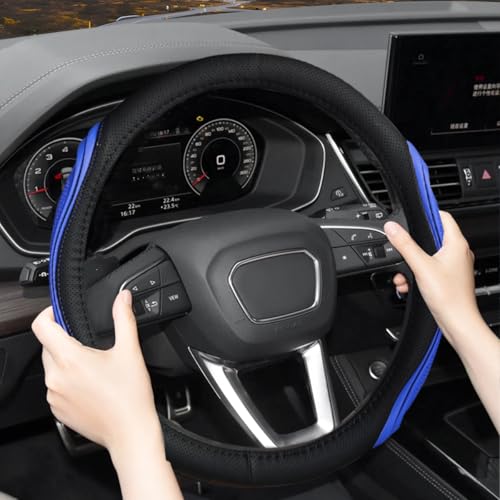 Image of Osilly 15 Inch Car Leather Steering Wheel Cover, Automotive Accessories Elastic Breathable Anti-Slip Soft Wheel Protector Fits Men and Women, Suitable for SUVs, Trucks, Vehicles and RVs (Black /Blue)