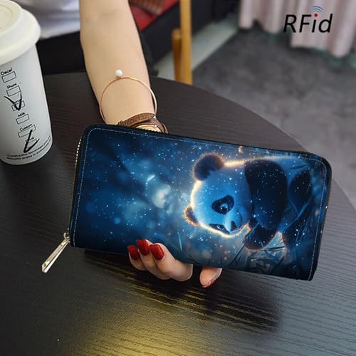 Image of RFID Blocking Leather Wallet for Women - Large Capacity Zip Around Clutch with 8 Card Slots,4 Cash Pockets & Coin Zipper,Cute Panda