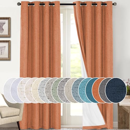Image of PrinceDeco 100% Absolutely Blackout Linen Curtains with Thermal Insulated White Liner Extra Long Curtains for Living Room Bedroom Noise Reducing Window Treatments Drapes,Set of 2,52 x 108 Inch,Orange
