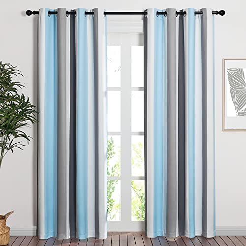 NICETOWN Hit Color Striped Curtains 84 inches Length, Decorative Blue & Grey Drapes Window Treatments with Grommet Top for Porch/Living Room/Bedroom, 2 Panels, 52″ W Each Panel