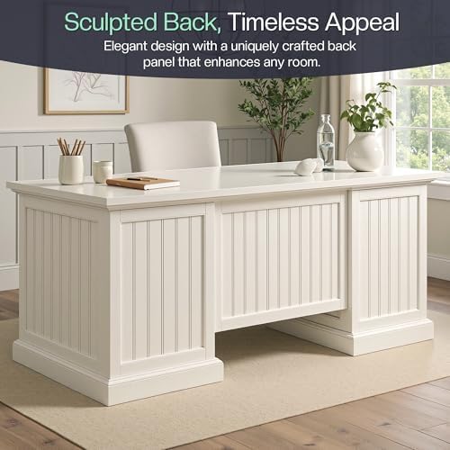 Jocisland 68" Executive Desk for Home Office & Study, Fluted Panel Computer Table with 3 Drawers and 2 Cabinets, Farmhouse Writing Desk – Pure White - Thumbnail 3