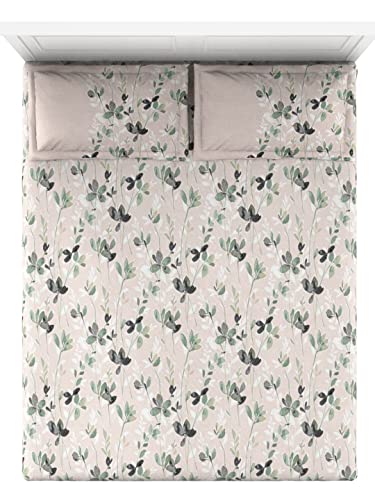 Image of DDECOR - Petal Bloom Leaves 144TC Double Bed Sheet Set with Two Pillow Covers - Green
