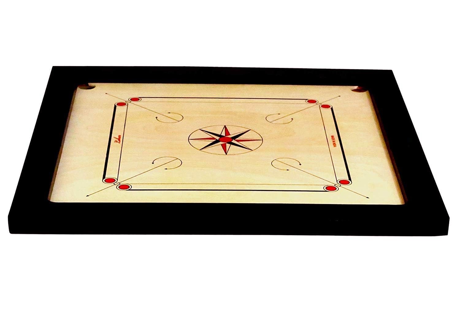 KRUM Planche de carrom de qualité supérieure de 66 cm avec pli blanc, bordure de 6,3 cm – Comprend des pièces de carrom, un bâton et de la poudre | Jeu de carrom pour une expérience de jeu ultime