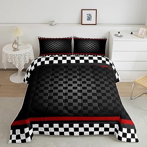 Castle Fairy Black White Flag Plaid Bed Comforter Set Queen Size,Black Honeycomb Geometry Super Soft Microfiber Bedding Set for Adults Teens,Racing Car Track Comforter Set,2 Pillowcases Cover