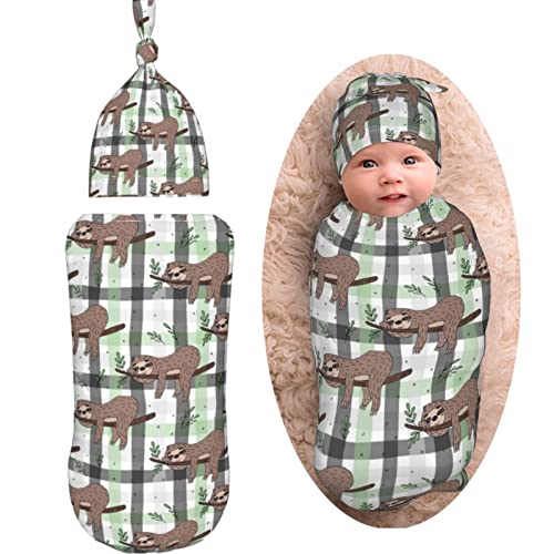 Image of AuHomea Cute Doodle Sloth Print Newborn Swaddle Blanket Soft Unisex Infant Swaddle Wrap Blanket Baby Receiving Blanket with Beanie Hat for Boy and Girl