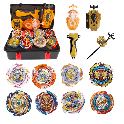 Gkopune 8pcs Peonzas Turbo Punta Giratoria Juego de Regalo 4D con Giroscopio y Lanzador，Huang