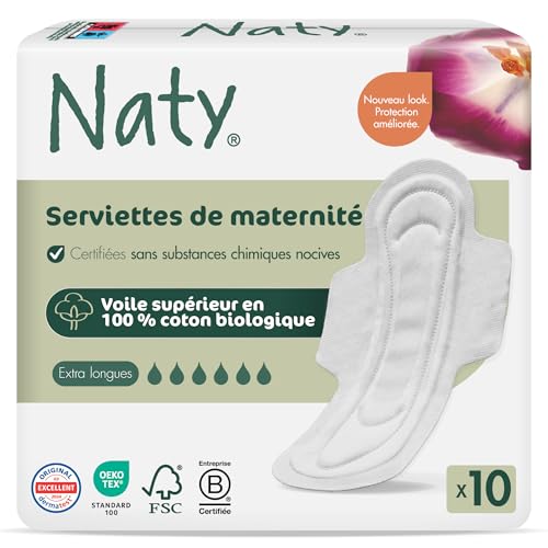 Naty Serviettes Maternité avec ailettes | Coton bio certifié au contact de la peau |Protection absorbante post-accouchement | Sans parfum ni plastique conventionnel...