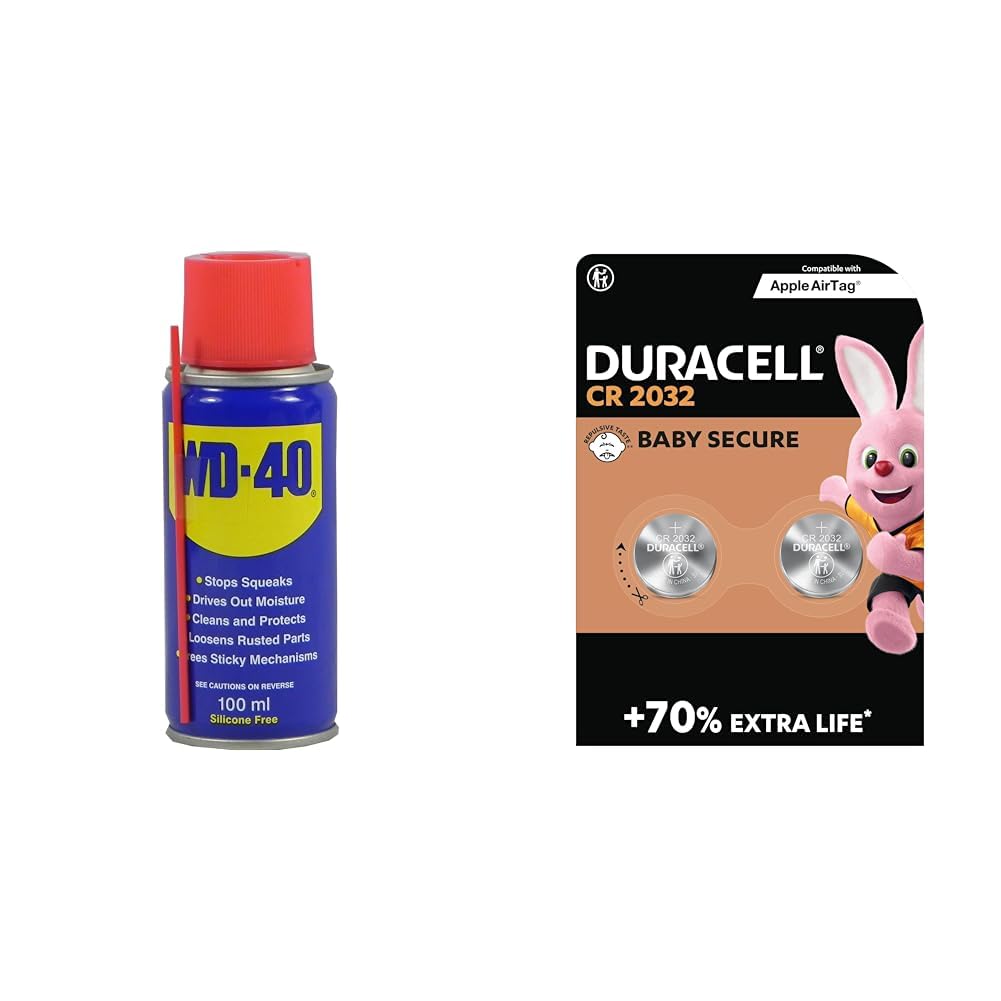 WD-40 Multi-Use Product Original Spray Can, 100ml - Handy Can for Home and Toolbox & Duracell CR2032 Lithium Coin Batteries 3V (2 Pack) - Up to 70% Extra Life*