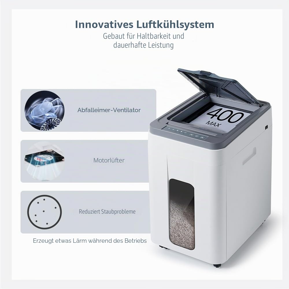 Aktenvernichter Automatischer Einzug 400 Blatt P5 Mikroschnitt | Profi Schredder für Papier Kreditkarten - 2x12mm Büro Haushalt Zuhause Großraumbüro Gewerblich Schulen