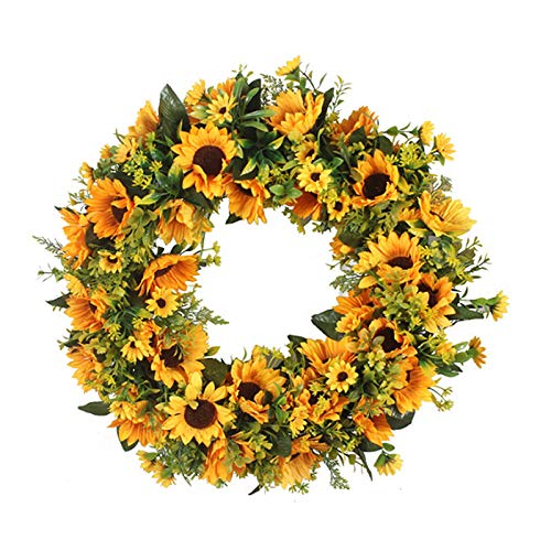 LAMF Artificial Sunflower Summer Wreath, 16 Inch Decorative Floral Wreath with Yellow Sunflower and Green Leaves Front Door Wreaths for All Seasons