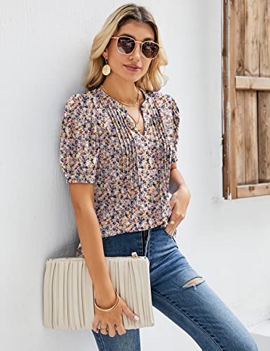 Micoson Womens Tops V Neck Summer Puff Short Sleeve Tshirts Fashion Casual Pleated Pullover Blouses Floral Pink L #TOP2
