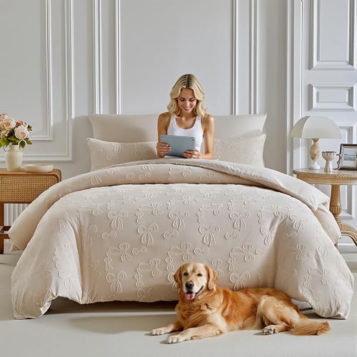 Image of 7 Pieces Bow Comforter Set for Girls Kids Khaki Tufted Boho Bedding Set Full Size Farmhouse Bed in A Bag as Gifts (1 Comforter, 1 Flat Sheet, 1 Fitted Sheet, 2 Pillowcase and 2 Pillow Sham)