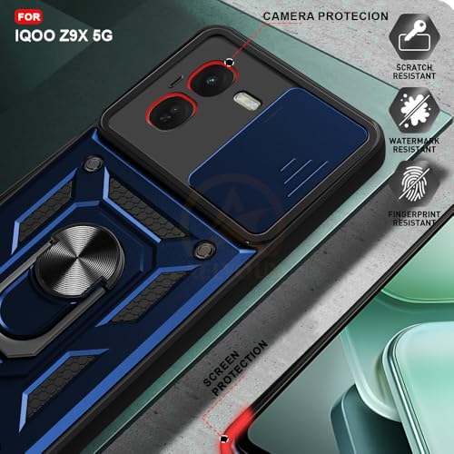 Image of Armor Bumper Back Cover Case for IQOO Z9X Rotating Camera Cover, Ring Holder & Kickstand | Heavy Duty & 360 Degree Protection IQOO Z9X Back Cover (Blue)