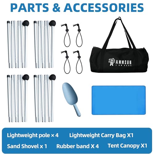 AMMSUN Beach Tent Portable Sun Shelter,9X 9ft Beach Canopy Easy Setup, 9'X9'Lycra Sun Shelter UPF50+ Protection 4 Sand Bags 4 Aluminum Poles with Sand Shovel for Family Beach Camping Outdoor Blue - Image 2