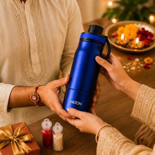 Image of Milton Woven Wishes Raksha Bandhan Gift Set Comes with Sparkle 600 Vacuum Insulated Thermosteel Water Bottle 620 ml, 1 Pc Rakhi & Roli KumKum Chawal, Brother Sister Festive Gift Hamper, Navy Blue