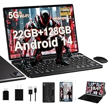 2025 Android Tablet with Keyboard, 10 inch Octa-Core Tablets 22GB+128GB with Android 14 OS, 8000mAh, HD IPS Display, 5G WiFi, BT 5.0, GPS, Widevine L1, 1TB Expand, Split Screen, Metal Body -Black