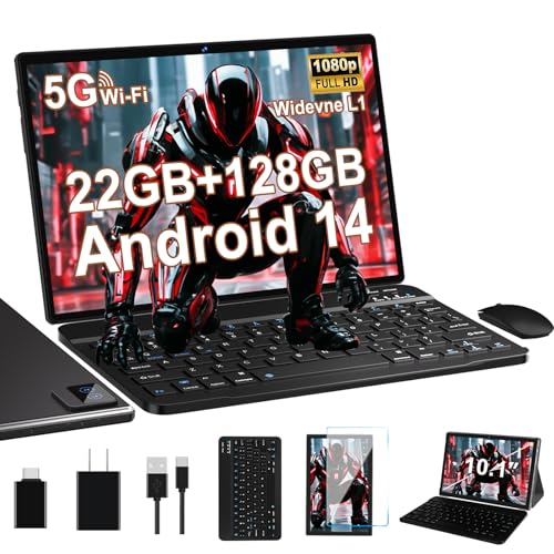 2025 Android 14 Tablet 10.1 Inch Tablets 22GB+128GB (1TB Expand), Octa-Core Tablet with Keyboard & Mouse, 8000mA, HD IPS Touchscreen, 5G WIFI, GPS, Face Unlock, Widevine L1, Split Screen - Metal Black by BIEGEDY - Used condition - US$50.41