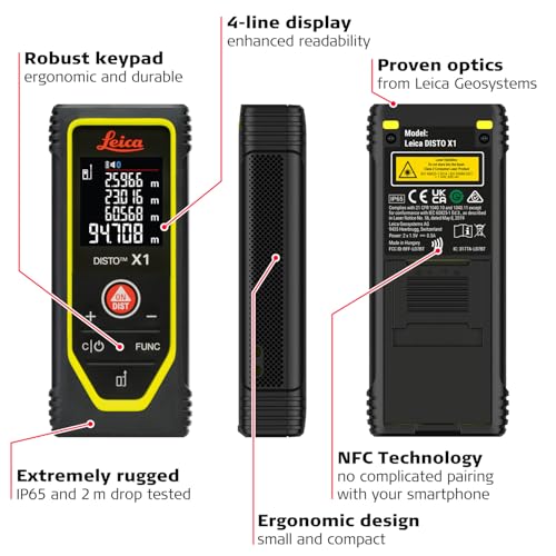 Image of Leica Disto X1 - Range 330 ft, Bluetooth 4.2 and NFC Data Transfer, add and Subtract, Volume, 4-line Display, IP 65 dust and waterjet Protection and 6 ft Drop Tested, Hand Loop, Pouch.