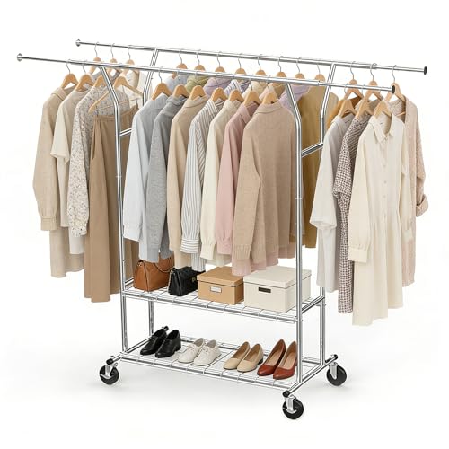 Uptyia Perchero Extensible con Ruedas y 2 Estantes Metálicos