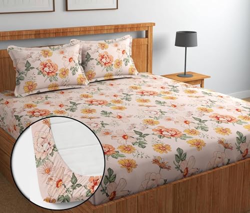 Image of Jashan Premium Cotton Fitted Bedsheets with 2 Pillow Covers for King Bed | 200-220 TC | Size 78x72+10 Inches | Beige Green | Soft, Durable, All-Around Elastic Modern Collections (Peach)