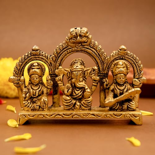 Image of Ekhasa 100% Pure Brass Laxmi Ganesh Saraswati Murti (Size: 8.0 cm) | Lord Ganpati Lakshmi Saraswati Maa Idol for Diwali Puja | God Idols for Pooja Room or Griha Pravesh Ceremony
