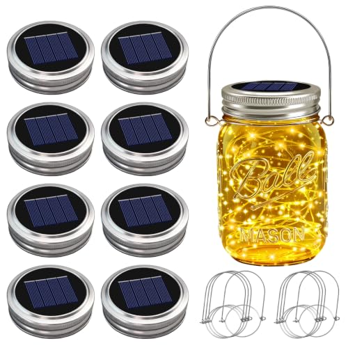 8 Pack Solar Mason Jar Lights for Outside 30 LED Solar Mason Jar Lids Fairy Lights with 8 Hangers(No Jars) Outdoor Waterproof for DIY Patio Garden Yard Lawn Party Wedding Decoration Warm White