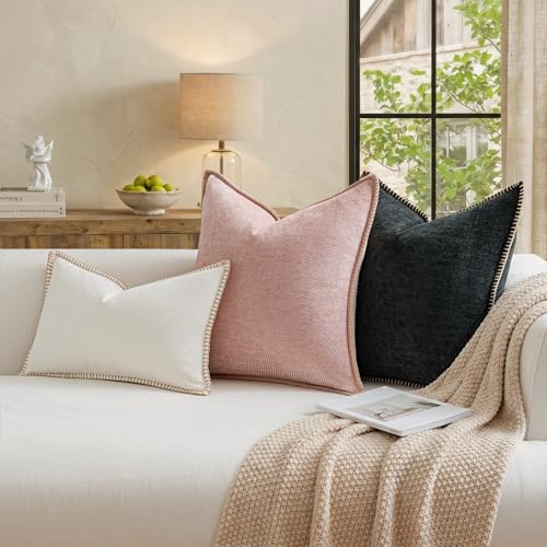 Image of a moment Pack of 2 Decorative Chenille Throw Pillow Covers with Twill Cushion Covers for Sofa Living Room Couch Bed 22x22 Inch,Crafted Border Blush Pink
