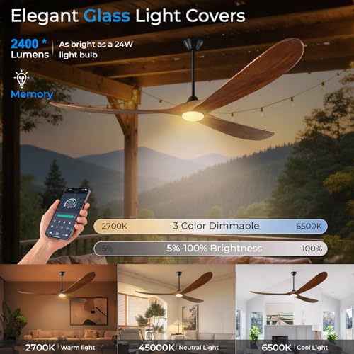 Image of 72 inch Outdoor Ceiling Fan with Lights-Glass Lamp, Large Damp Rated Wood Propeller Blades for Big Patios & Porch, Smart APP and Remote Control, 3 Blades Dimmable LED Ceiling Fans, High CFM-Walnut