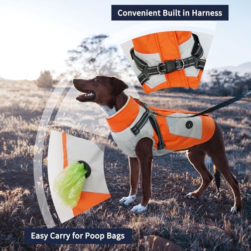 IECOii Dog Coat for Large Dogs, Orange, X-Large - Waterproof Winter Fleece Jacket with Harness, Turtleneck, Reflective Straps, Zipper Closure - Image 3