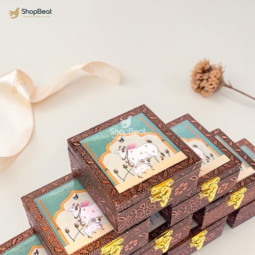 Image of Handcrafted Wooden Jewellery Box Copper Oxidised Finish (4 x 4 inch) - Pack of 10 | Pichwai Cow Design Jewellery Organiser | Storage Wooden Box for Women Puja Festive Gifting | Sacred Teal