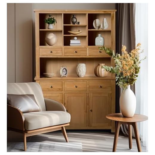 Hallowood Furniture Waverly Large Oak Display Cabinet, Light Oak Sideboard with Top, 3-Door Cupboard, 6 Drawers & Open Shelves, Solid Wooden Dresser Unit for Living Room or Kitchen