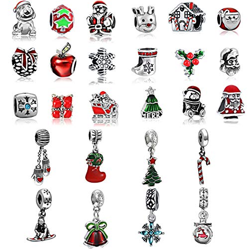 26 Pieces Christmas Bracelet Beads Pendants Christmas Alloy Beads Charms Pendants Assorted Large Hole Christmas Metal Beads for DIY Christmas Bracelet Earring Necklace Jewelry Making Accessories