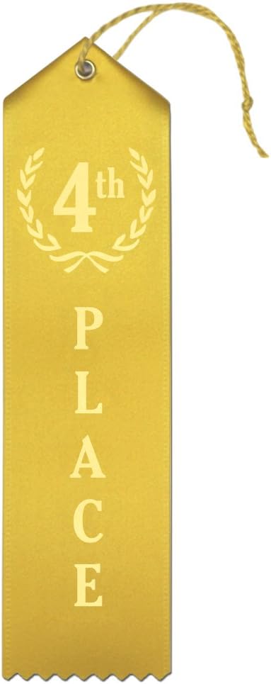 4th Place (Yellow) Premium Award Ribbons with Card & String - 25 Count Metallic Gold foil Print – Made in The USA