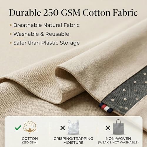 Image of RNTR Cotton Saree Bags /Covers for Storage Set of 24 Big Size Single (16 x 14 Inches) with Zip Closure & Transparent Mesh Window for Clothes Storage and Wardrobe Organizer (Beige)