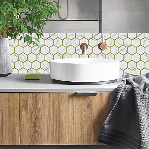 Vamos Tile Glossy Hexagon Peel And Stick Backsplash Tile, 10-Sheet Stick On Backsplash For Kitchen And Bathroom, White Marble Look Pet Self Adhesive Honeycomb Mosaic Tiles With Gold Grout Line #TOP3