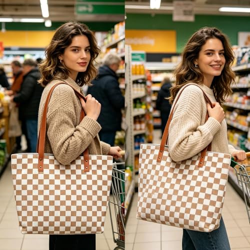 ZVUZVO Checkered Corduroy Tote Bag With Leather Handle for Women Men Birthday Gifts, Khaki and White Plaid Reusable Grocery Bags for Office Shopping. Khaki and White Plaid — view 4
